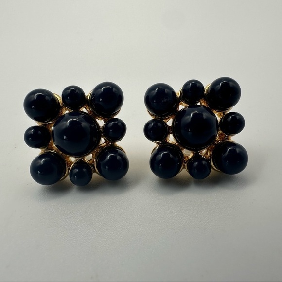 Vintage Monet Navy Blue & Gold Cluster Earrings – Glossy Bead Design - Picture 13 of 15